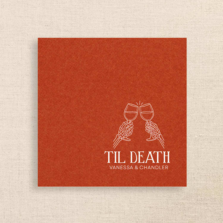 "“Til Death” Terracotta Linen-Like Napkin with Skeleton Toast Design | Pack of 50" - Napkins in orange by Papel Custom Design
