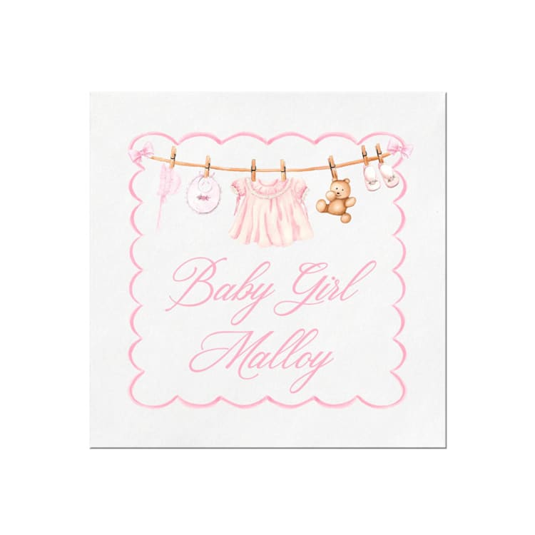 "Personalized Baby Girl Vintage Clothesline Shower Napkins" - Napkins in white by Papel Custom Design