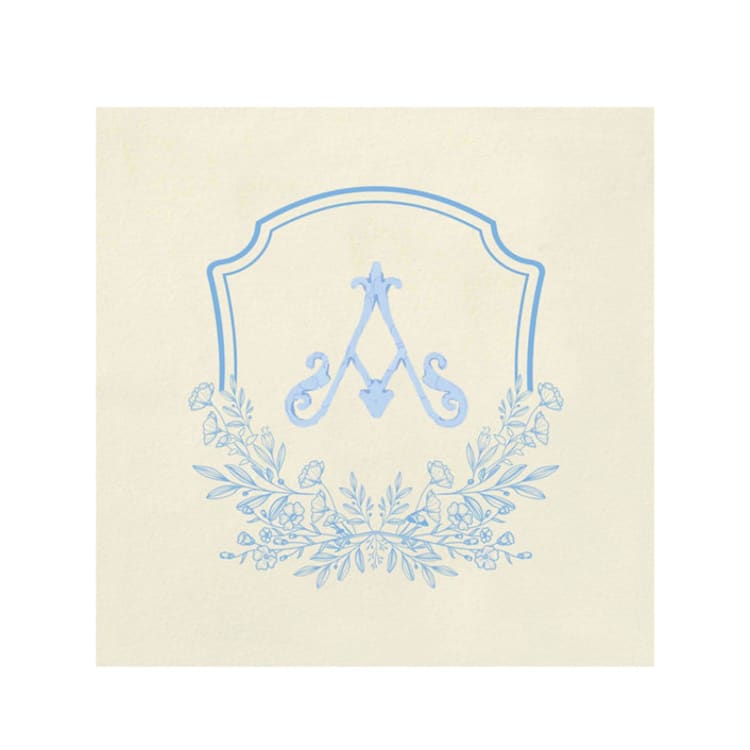 "Custom Blue Floral Monogram Digitally Printed on Ecru Napkin - Pack of 100" - Napkins in beige by Papel Custom Design