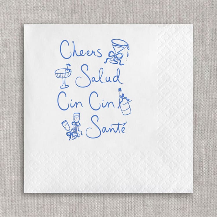 "Cheers, salud, cin cin, santé cocktail napkins - White Napkins (Set of 20)" - Napkins in white by Orchid Studio