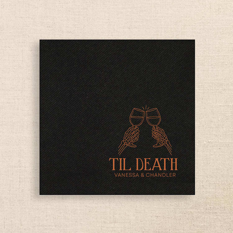 "“Til Death” Black Linen-Like Napkin with Skeleton Toast Design" - Napkins in black by Papel Custom Design