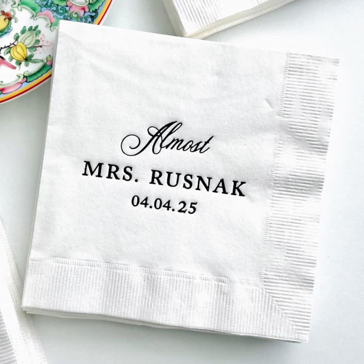"Custom Bridal Shower Napkin | Almost Mrs Cocktail Napkin | Set of 50" - Napkins in white by Alyssa Cook