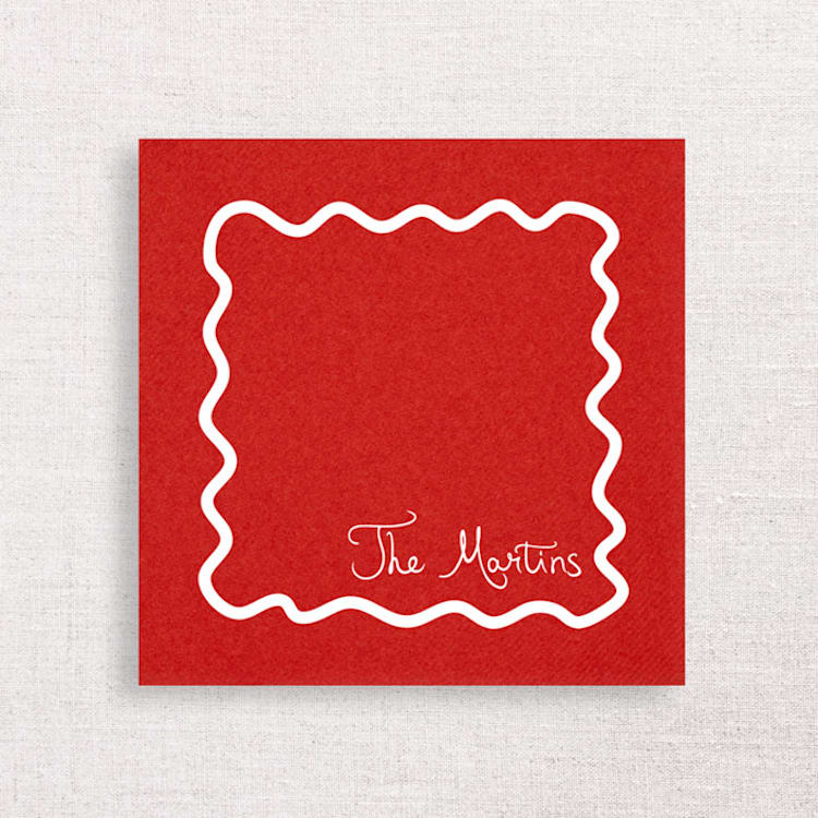 "Personalized Holiday Wavy Border Premium Cocktail Napkins | Pack of 50 premium quality" - Napkins in red by Papel Custom Design