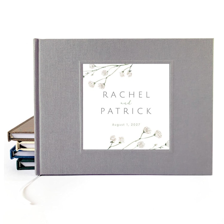 "Custom Wedding Guest Book · Classic Floral Accents · Gray Linen" - Marketplace Guest Books in gray by Transient Books