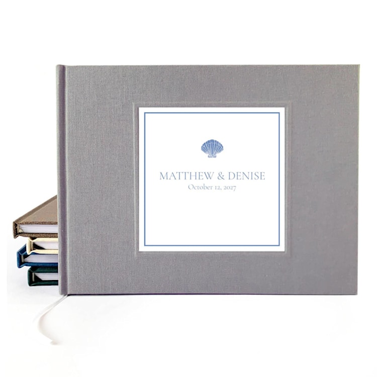 "Custom Wedding Guest Book · Minimalist Nautical Shell · Gray Linen" - Marketplace Guest Books in gray by Transient Books