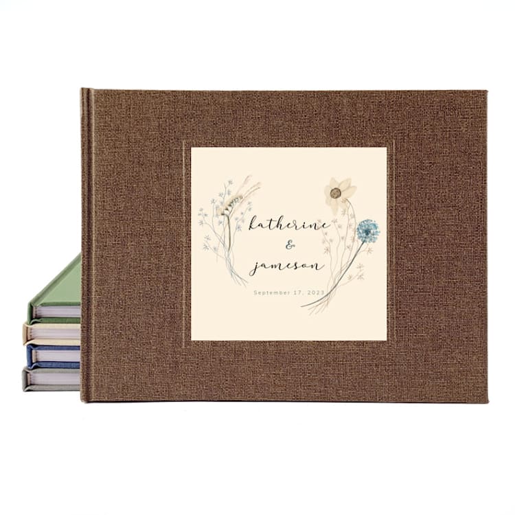 "Custom Wedding Guest Book · Vintage Floral Bouquet · Rustic Brown Linen" - Marketplace Guest Books in brown by Transient Books