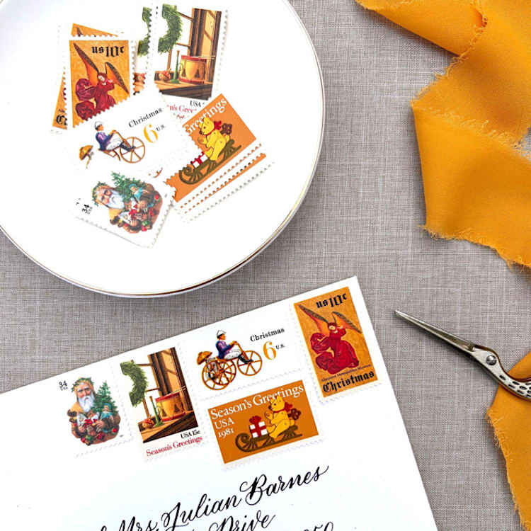 "Christmas Gold Vintage Postage Set | Christmas Stamps | Each Set Will Mail a 1 oz Letter | 10 Sets (50 Stamps Total)" - Postage Stamps in gold by Heritage Post House