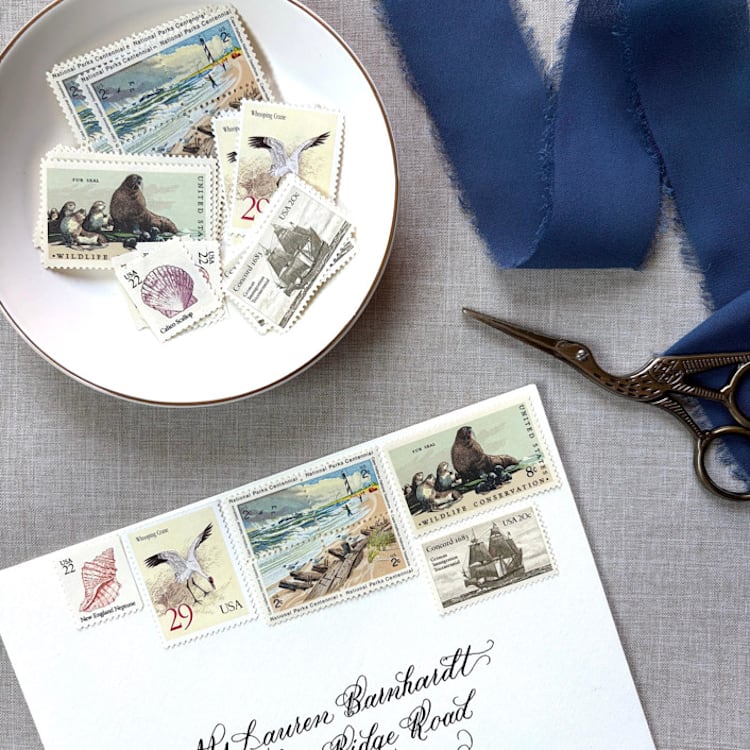 "Beach Vintage Postage Set | Wedding Stamps | Each Set Will Mail a 1 oz Letter | 10 Sets (80 Stamps Total)" - Postage Stamps in natural by Heritage Post House