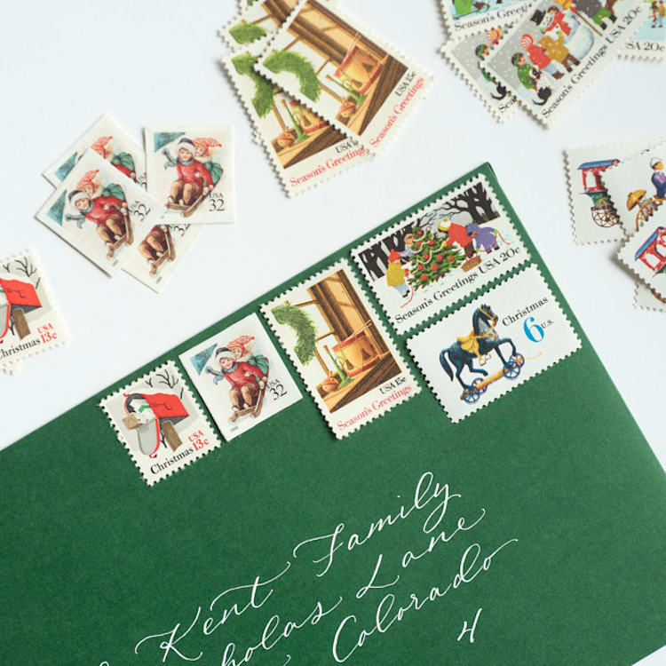"Green & Red Vintage Holiday Postage Set, Christmas Toys and Children Playing // Set of 5 // $.86 per set" - Postage Stamps in red by Flourish Fine Writing