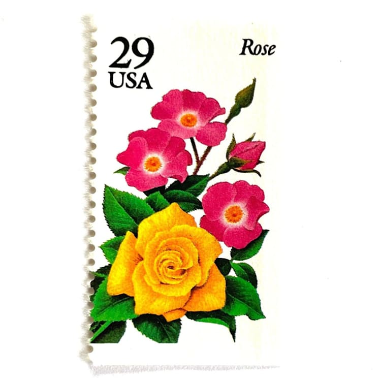 "Rose Postage Stamps | Summer Garden Flowers Series | Yellow Pink Flowers | Botanical | Wedding Stamps | Vintage Unused USPS Postage 29c | Pack of 10" - Postage Stamps in yellow by Heritage Post House