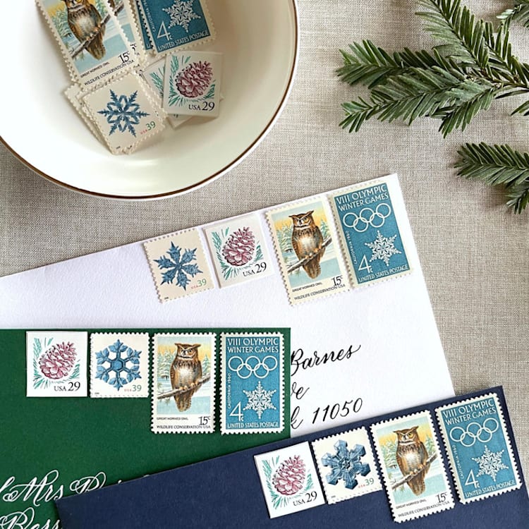 "Winter Snowflake Vintage Postage Set | Christmas Stamps | Each Set Will Mail a 1 oz Letter | 10 Sets (40 Stamps Total)" - Postage Stamps in blue by Heritage Post House