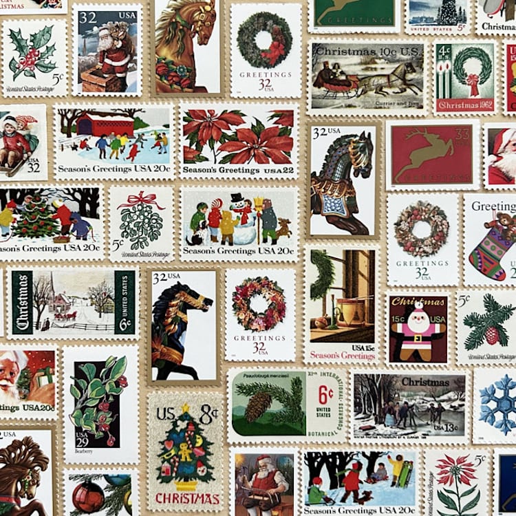 "82 cents . Holiday vintage postage stamp variety pack . Set of 5" - Postage Stamps in red by Kristen Melchor