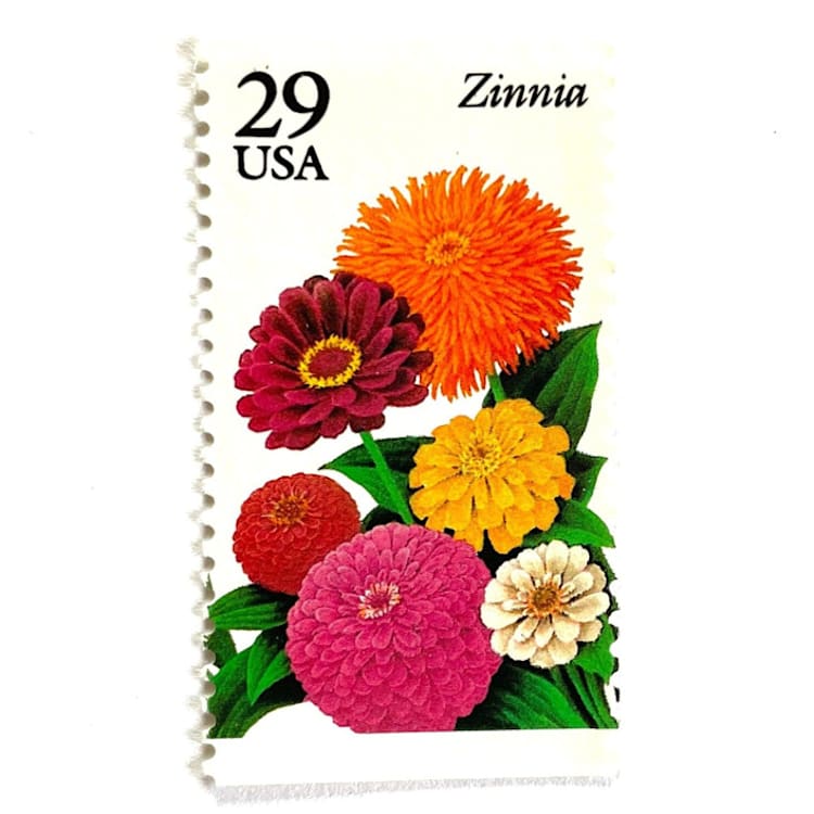 "Zinnia Postage Stamps | Summer Garden Flowers Series | Orange Red Pink Yellow Flowers | Botanical | Wedding Stamps | Vintage Unused USPS Postage 29c | Pack of 10" - Postage Stamps in orange by Heritage Post House