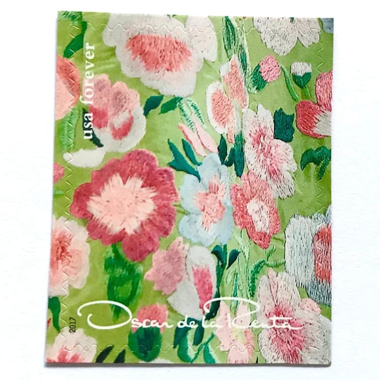"Oscar de la Renta Green Fabric Postage Stamps | Green & Pink Floral Pattern | ODLR | Fashion Designer | Wedding Stamps | Unused USPS Forever Stamp | Pack of 5" - Postage Stamps in green by Heritage Post House