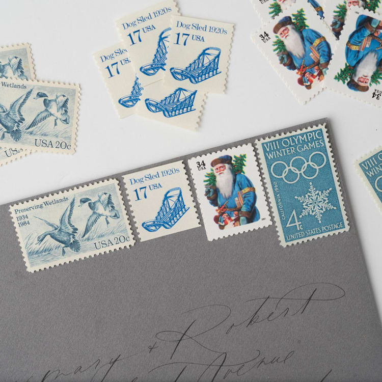 "Let it Snow Vintage Holiday Postage Set // Set of 5 // UNUSED // Blues // Santa" - Postage Stamps in blue by Flourish Fine Writing