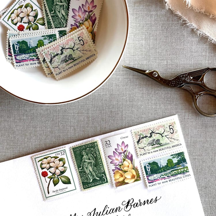 "Garden Botanical Vintage Set | Wedding Stamps | Each Set Will Mail a 1 oz Letter | 10 Sets (50 Stamps Total)" - Postage Stamps in green by Heritage Post House