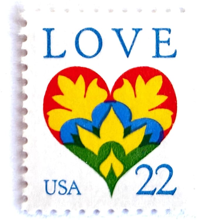 "Hearts & Flowers Postage Stamps | Love Series | Dutch Folk Art Heart | San Francisco Wedding Stamps | Valentine | Vintage Unused USPS Postage 22c | Pack of 10" - Postage Stamps in multicolor by Heritage Post House