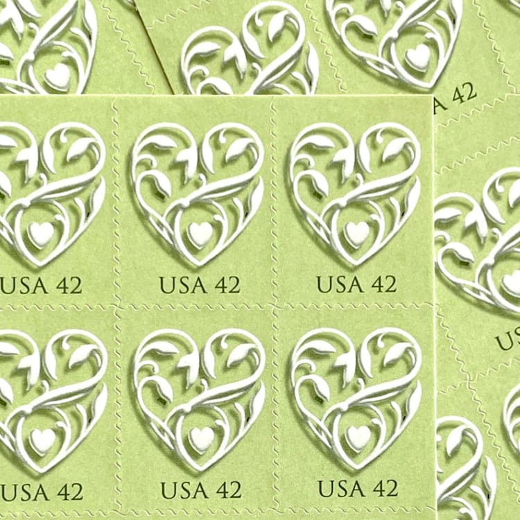 "Green Wedding Hearts Postage Stamps | Wedding Series | Vintage Unused USPS Postage 42c | Pack of 10" - Postage Stamps in green by Heritage Post House