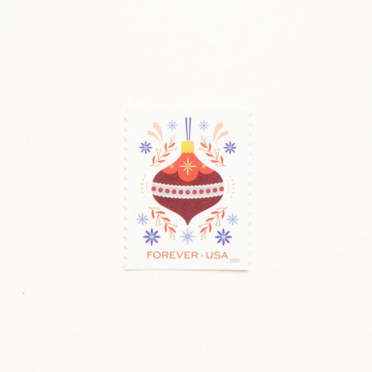 "Forever Holiday Joy Red Ornament and Blue Flower Postage Stamps // Set of 10 // UNUSED" - Postage Stamps in red by Flourish Fine Writing