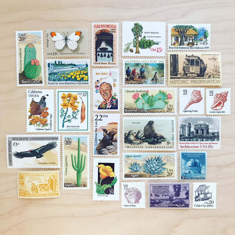 "78 cents . California vintage postage stamp variety pack . Set of 5" - Postage Stamps in multicolorassorted-colors by Kristen Melchor