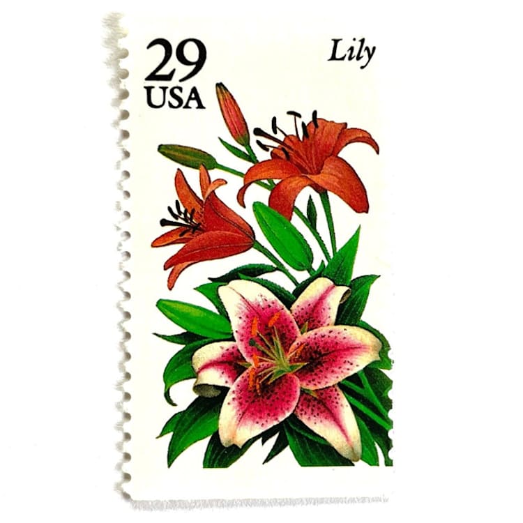 "Lily Postage Stamps | Summer Garden Flowers Series | Pink Red Flowers | Botanical | Wedding Stamps | Vintage Unused USPS Postage 29c | Pack of 10" - Postage Stamps in red by Heritage Post House