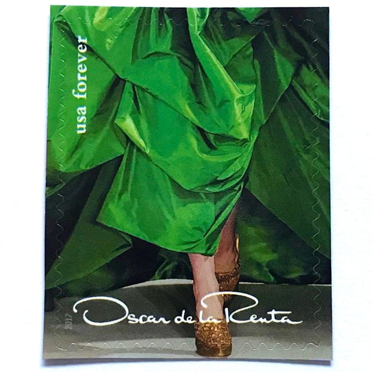 "Oscar de la Renta Green Dress Postage Stamps | ODLR | Fashion Designer | Wedding Stamps | Unused USPS Forever Stamp | Pack of 5" - Postage Stamps in green by Heritage Post House