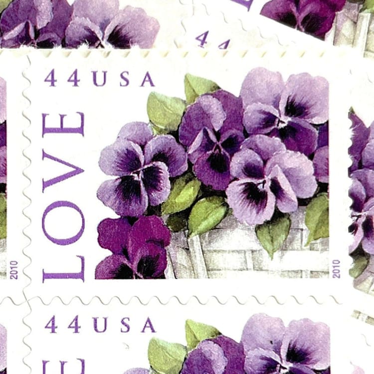 "Pansies in a Basket Postage Stamps | Love Series | Purple Flowers | Wedding Flowers | Valentine | Vintage Unused USPS Postage 44c | Pack of 10" - Postage Stamps in purple by Heritage Post House