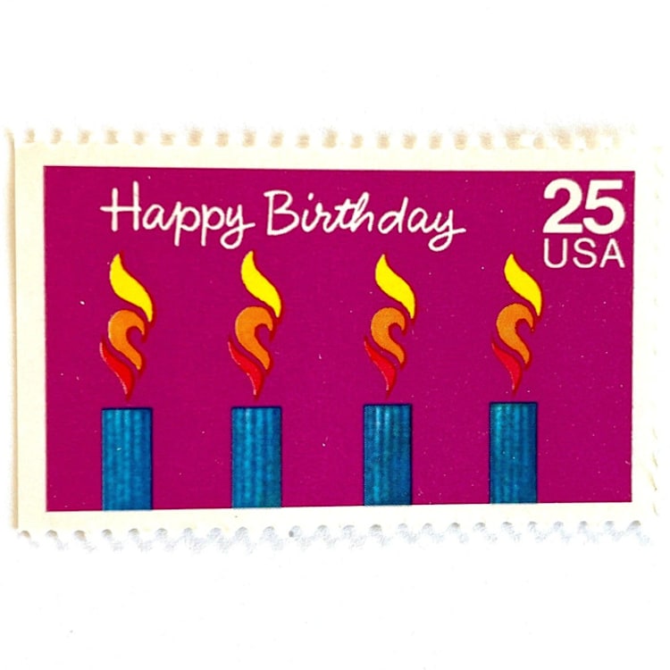 "Happy Birthday Postage Stamps | Birthday Cake Candles | Special Occasions Series | Vintage Unused USPS Postage 25c | Pack of 10" - Postage Stamps in purple by Heritage Post House