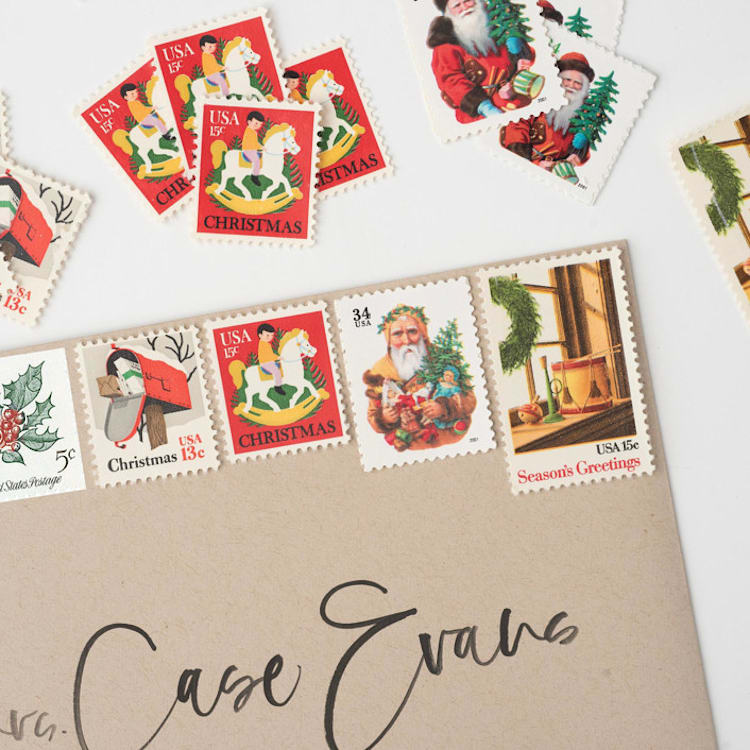 "Christmas Mail and Vintage Santa Postage Set // Set of 5 // UNUSED // Hobby Horse // Snow" - Postage Stamps in red by Flourish Fine Writing