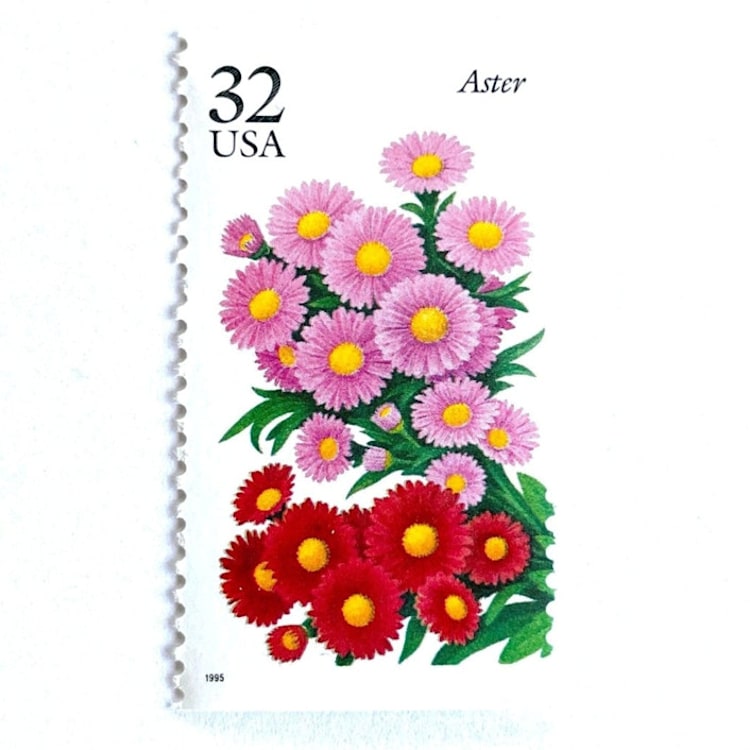 "Aster Postage Stamps | Fall Garden Flowers | Garden Flowers Series | Botanical | Wedding Stamps | Vintage Unused USPS Postage 32c | Pack of 10" - Postage Stamps in pink by Heritage Post House
