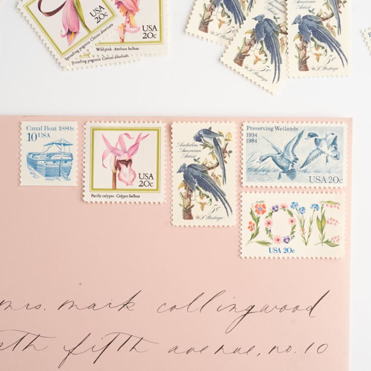 "Blue and Pink Floral Love Vintage Postage Set // Set of 5 // 75 Cents each" - Postage Stamps in blue by Flourish Fine Writing