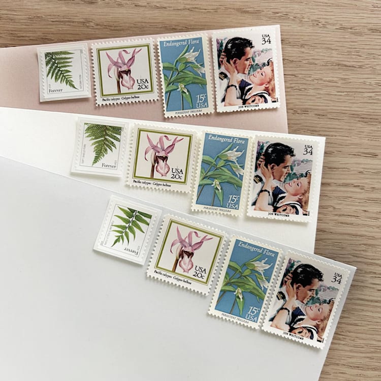 "$1.51 . Fern Floral postage stamps . Set of 5" - Postage Stamps in green by Kristen Melchor