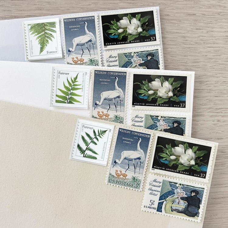 "$1.27 . Magnolia & Fern postage stamps . Set of 5" - Postage Stamps in blue by Kristen Melchor