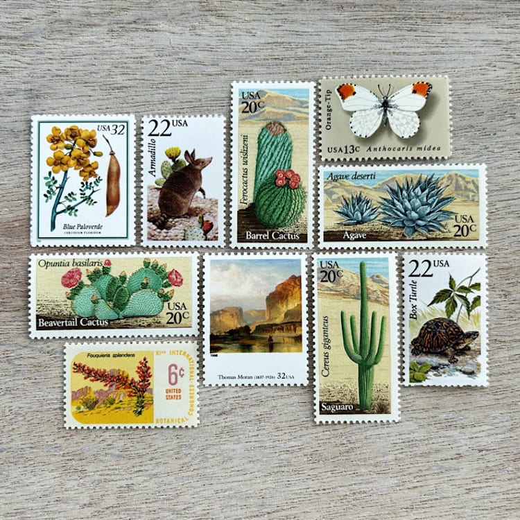 "87 cents . Southwest Desert vintage postage stamp variety pack . Set of 5" - Postage Stamps in multicolorassorted-colors by Kristen Melchor