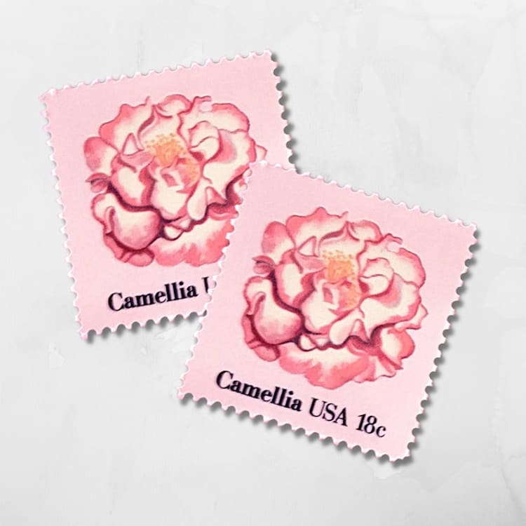 "Camellia | Vintage Stamp, 18 cents, 1981 | 5 each" - Postage Stamps in pink by The Silver Stamps