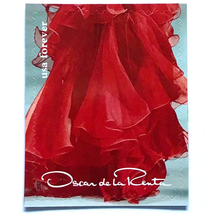 "Oscar de la Renta Red Dress Postage Stamps | ODLR | Fashion Designer | Wedding Stamps | Unused USPS Forever Stamp | Pack of 5" - Postage Stamps in red by Heritage Post House