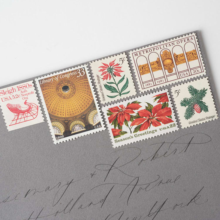 "Christmas in the City Vintage Postage Set // Set of 5 // UNUSED // Gold & Red // Sleigh" - Postage Stamps in red by Flourish Fine Writing