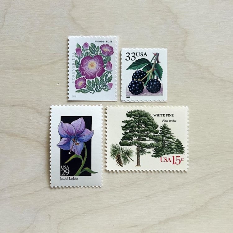 "$1.59 . Purple floral postage stamps . Set of 5" - Postage Stamps in purple by Kristen Melchor