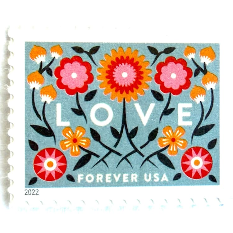 "Love 2022 Blue Background Floral Postage Stamps | Love Series | Folk Art Flowers | Wedding Stamps | Valentine | Unused USPS Forever Stamp | Pack of 10" - Postage Stamps in blue by Heritage Post House