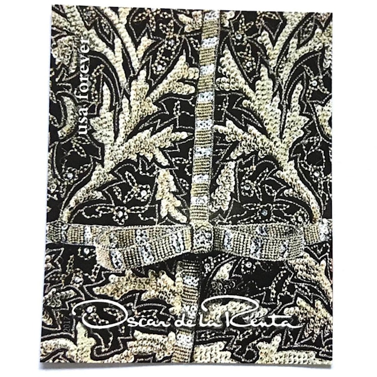 "Oscar de la Renta Black and Metallic Fabric Postage Stamps | ODLR | Fashion Designer | Wedding Stamps | Unused USPS Forever Stamp | Pack of 5" - Postage Stamps in silver by Heritage Post House