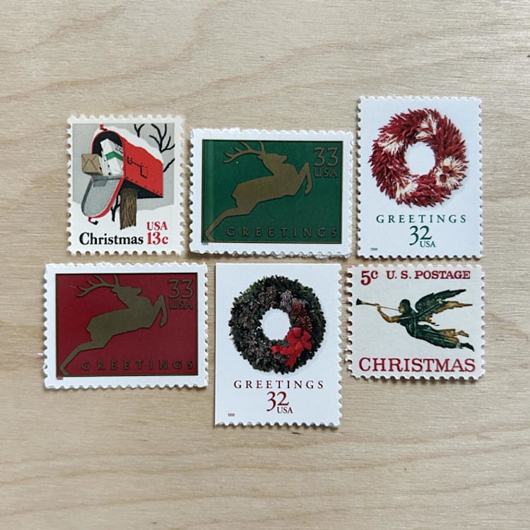 "83 cents . Christmas Wreath Vintage Postage Stamps . Set of 5" - Postage Stamps in red by Kristen Melchor
