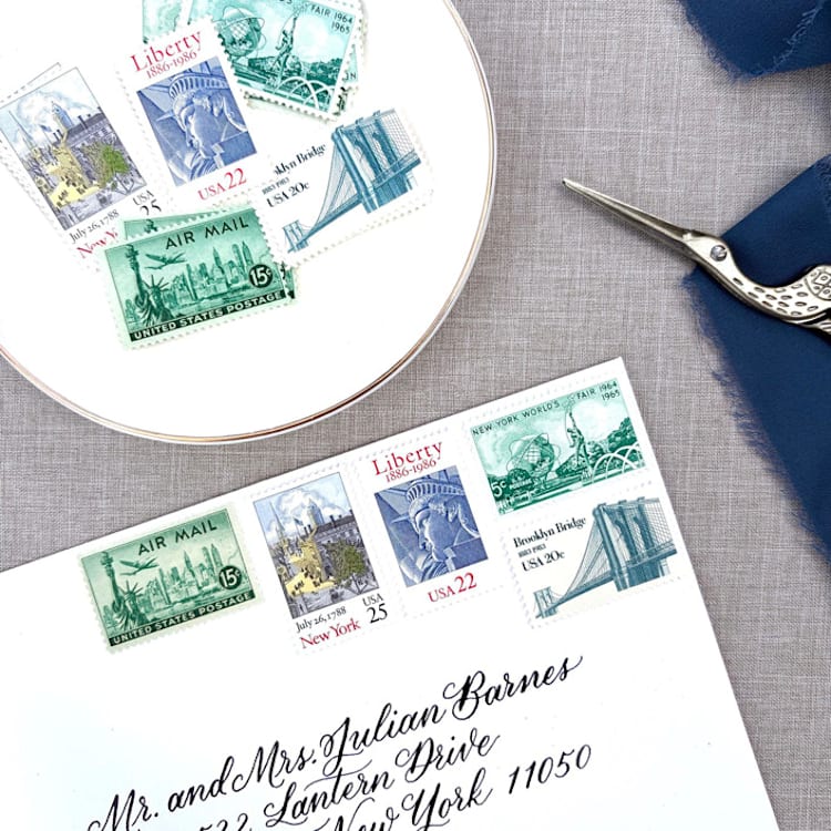 "New York Vintage Postage Set | Wedding Stamps | Each Set Will Mail a 1 oz Letter | 10 Sets (50 Stamps Total)" - Postage Stamps in green by Heritage Post House