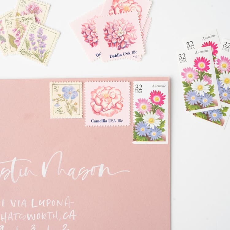 "Summer Gardens Postage Set // Set of 5 // $.79 in postage per set" - Postage Stamps in pink by Flourish Fine Writing