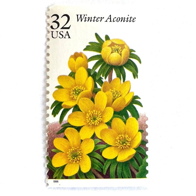 "Winter Aconite Postage Stamps | Winter Garden Flowers Series | Botanical | Wedding Stamps | Vintage Unused USPS Postage 32c | Pack of 10" - Postage Stamps in yellow by Heritage Post House