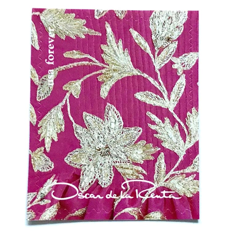 "Oscar de la Renta Pink Floral Fabric Postage Stamps | Gray Pattern | ODLR | Fashion Designer | Wedding Stamps | Unused USPS Forever Stamp | Pack of 5" - Postage Stamps in pink by Heritage Post House