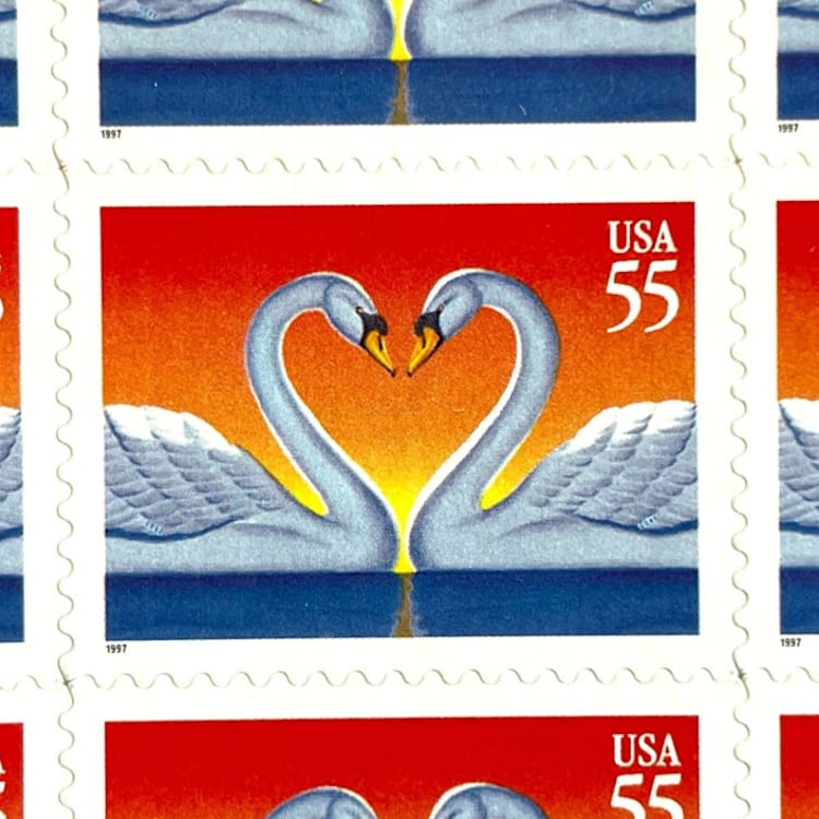 "Love Swans Postage Stamps | Love Series | Swan Couple | Heart | Wedding Stamps | Valentine | Vintage Unused USPS Postage 55c | Pack of 10" - Postage Stamps in orange by Heritage Post House