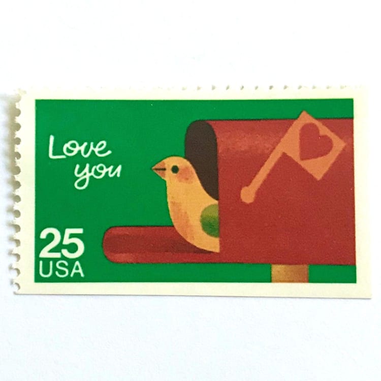 "Love You Postage Stamps | Bird in Mailbox | Special Occasions Series | Christmas Holiday Stamps | Wedding Stamps | Vintage Unused USPS Postage 25c | Pack of 10" - Postage Stamps in green by Heritage Post House