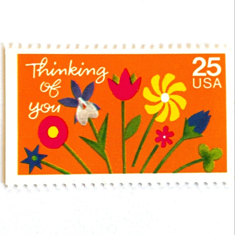 "Thinking of You Postage Stamps | Folk Art Flowers | Special Occasions Series | Valentine's Day | Wedding Stamps | Vintage Unused USPS Postage 25c | Pack of 10" - Postage Stamps in orange by Heritage Post House