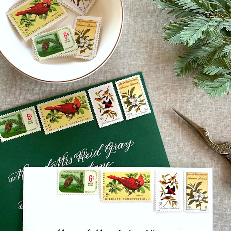 "Gold Botanical Holiday Vintage Postage Set | Each Set Will Mail a 1 oz Letter | 10 Sets (40 Stamps Total)" - Postage Stamps in gold by Heritage Post House