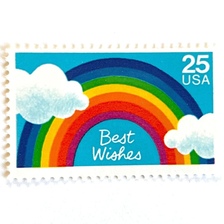 "Best Wishes Postage Stamps | Rainbow & Clouds | Special Occasions Series | Wedding Stamps | Vintage Unused USPS Postage 25c | Pack of 10" - Postage Stamps in blue by Heritage Post House